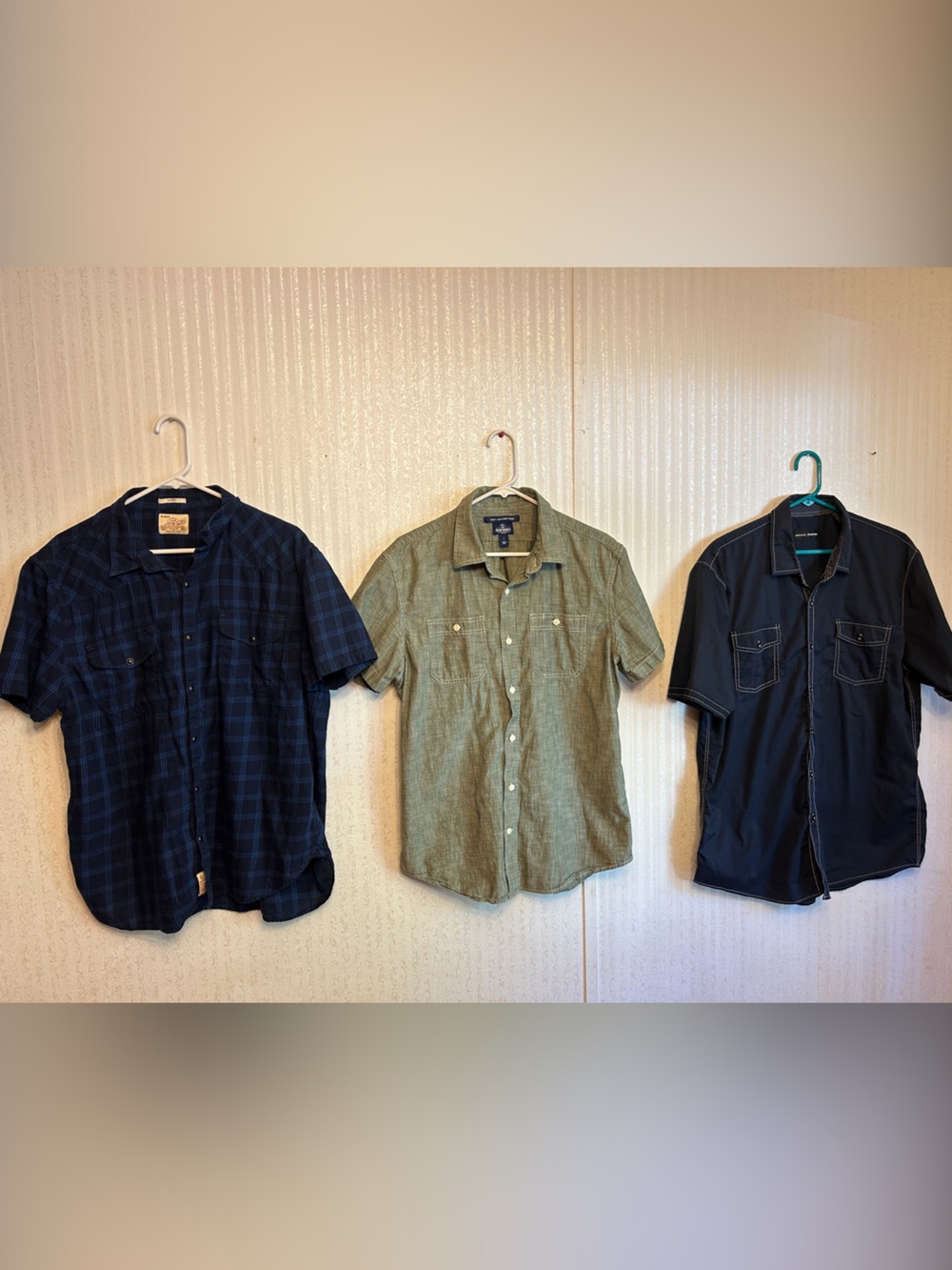 Men's Short-Sleeve Casual Button-Up Shirt Jacket - Blue Plaid and green 3 shirts